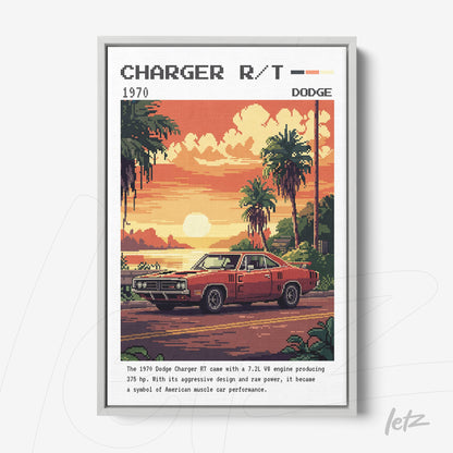 retro style poster featuring a 1970 Dodge Charger in a tropical sunset scene with palm trees