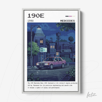 pixel art rendering of a 1990 Mercedes-Benz car in a nighttime urban setting with streetlight illumination