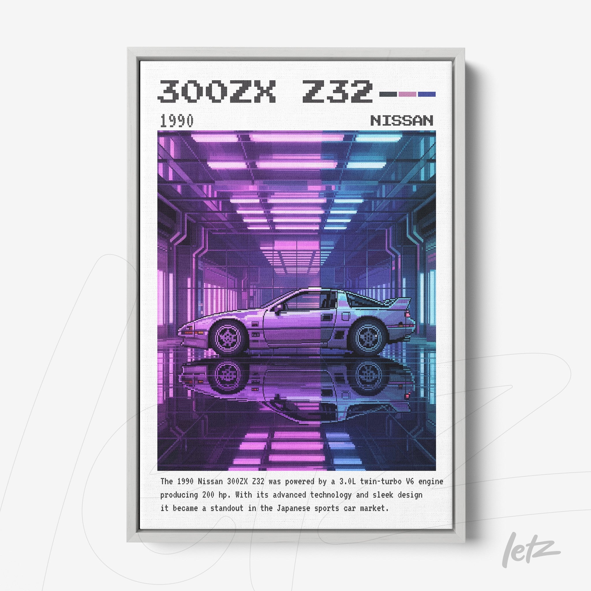 framed digital art of the Nissan 300ZX Z32 sports car in a neon purple and blue light setting