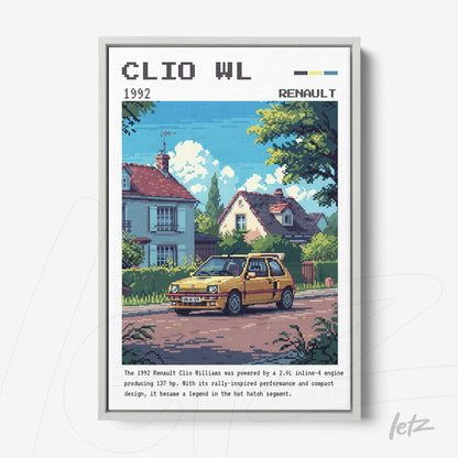 pixel art of the 1992 Renault Clio Williams in a white frame