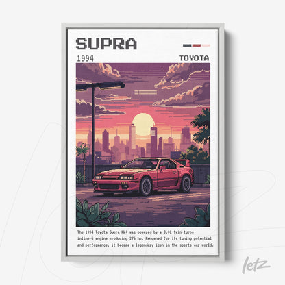 pixel art framed print of a Toyota Supra car in front of a sunset with a white frame
