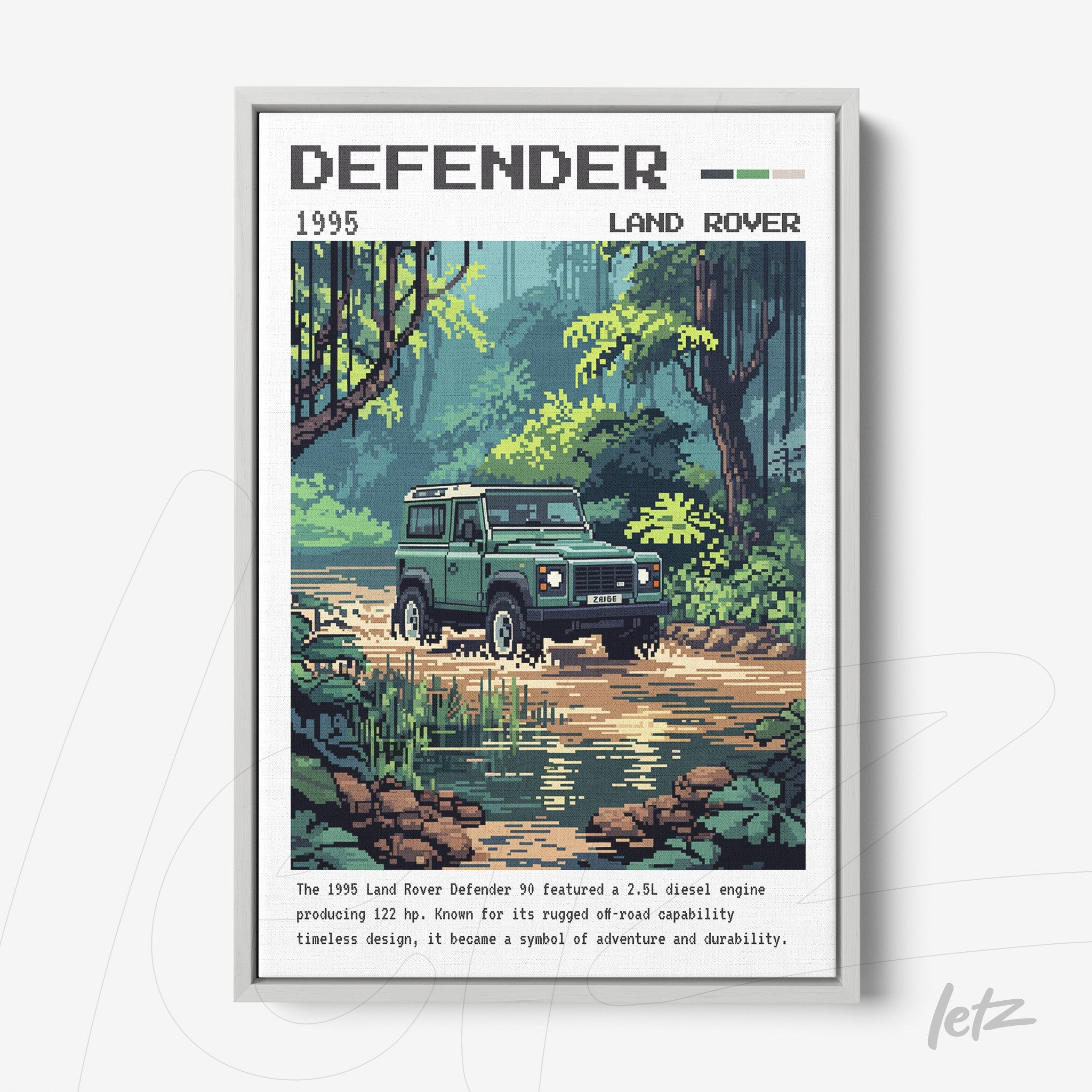 pixel art print of the 1995 Land Rover Defender in a forest landscape with a dirt road