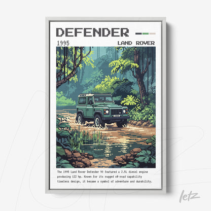pixel art print of the 1995 Land Rover Defender in a forest landscape with a dirt road