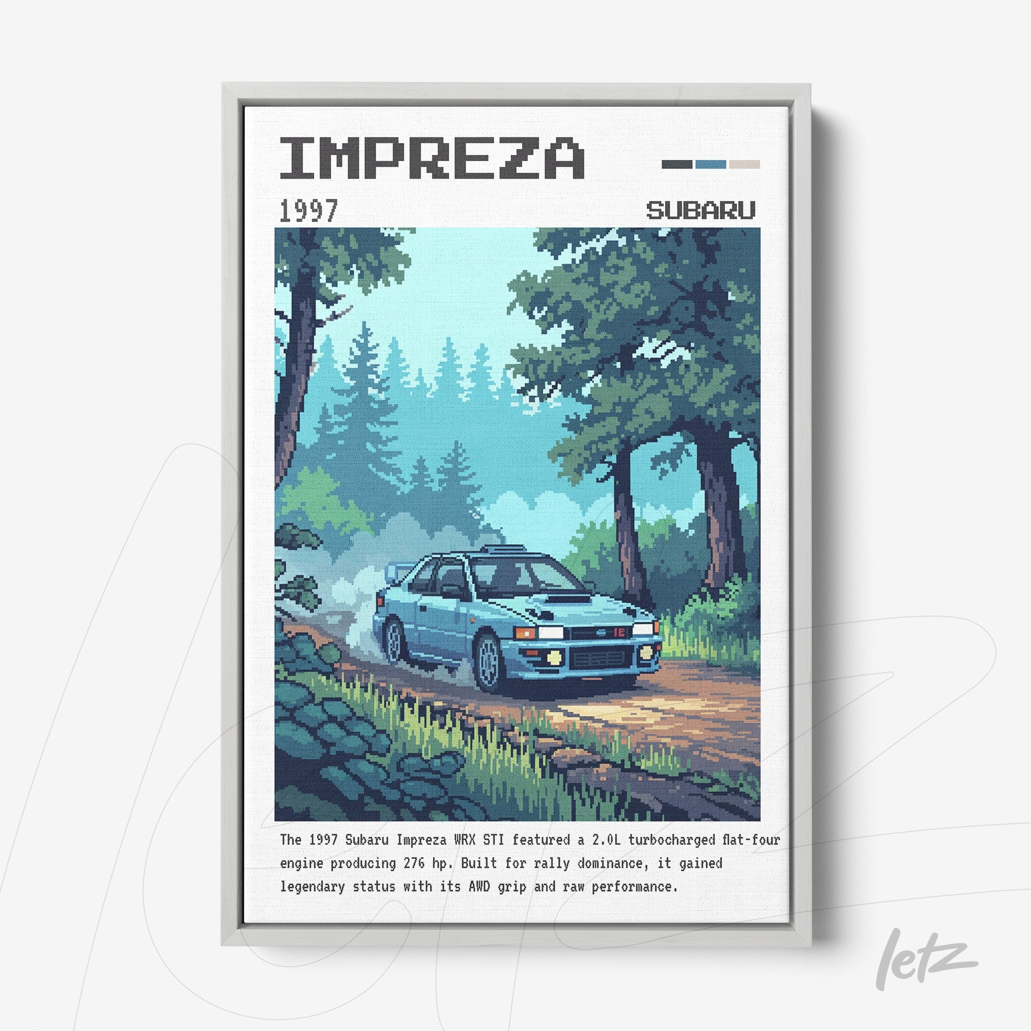 pixel art framed print of Subaru Impreza WRX STI in a forest landscape