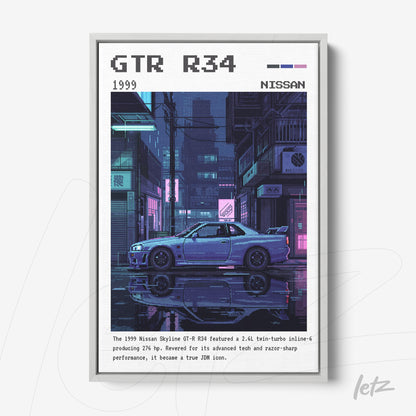 pixel art framed wall art of a Nissan GTR R34 car on an urban street with neon lights