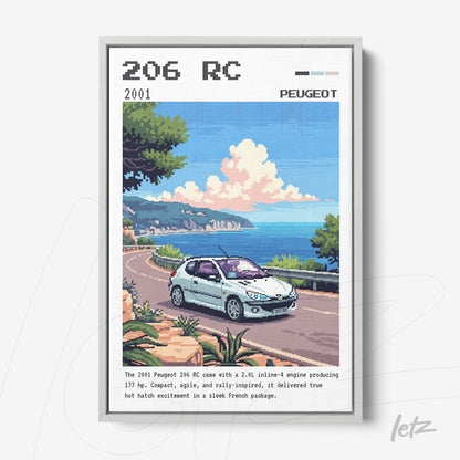 framed digital art of the Peugeot 206 RC car on a coastal road with a scenic background