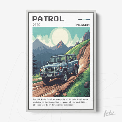 pixel art framed print of a 2006 Nissan Patrol on rugged terrain with mountains and blue sky in the background