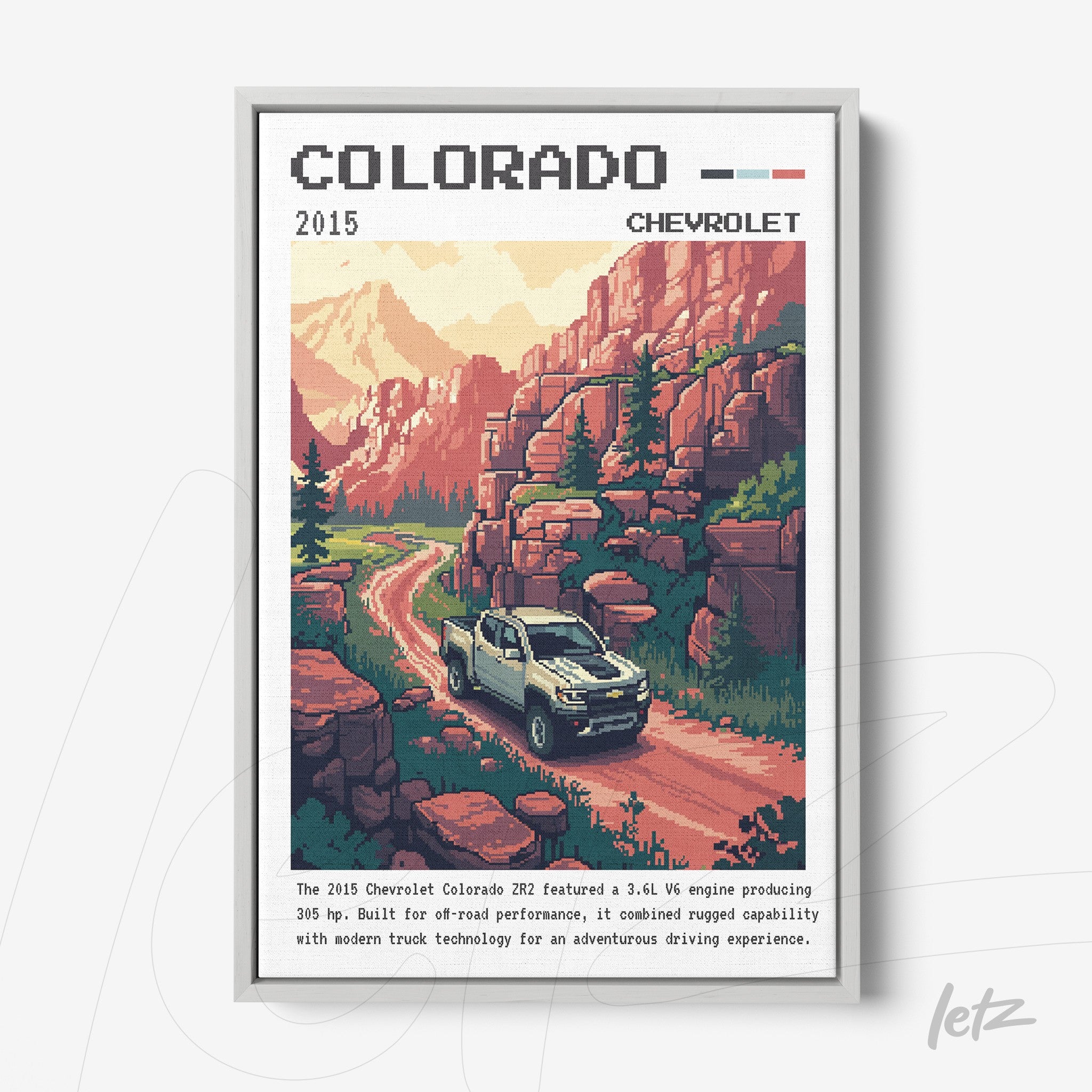 framed retro illustration of a 2015 Chevrolet Colorado on a dirt road in mountainous terrain with white frame