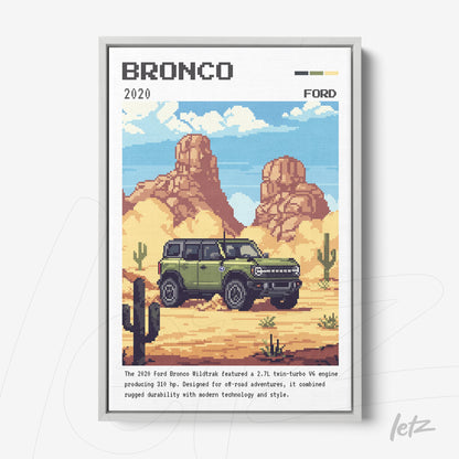 framed digital art of a 2020 Ford Bronco in pixel style, set against a desert landscape with cacti