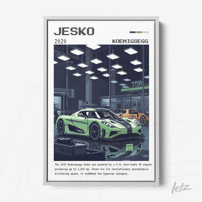 digital artwork of a green Koenigsegg Jesko sports car in pixel art style, framed in white, set against a workshop background