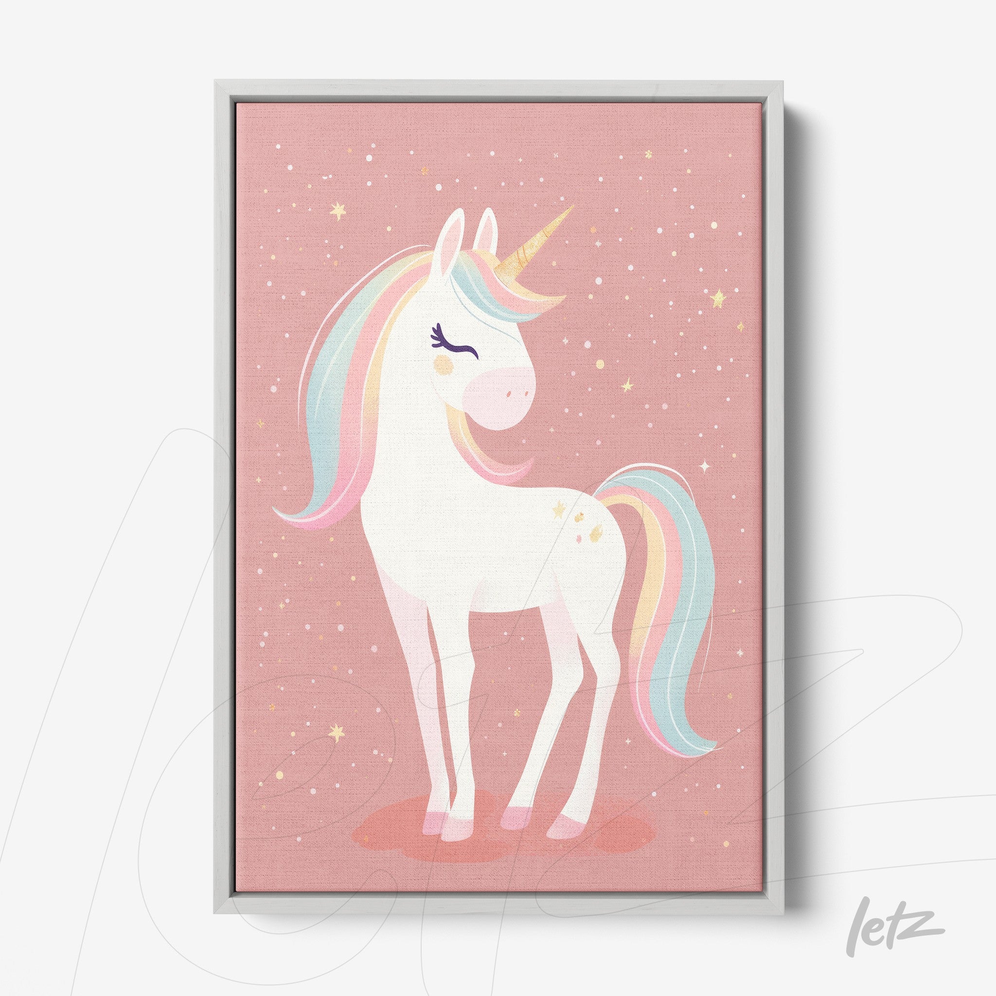 framed artwork featuring a unicorn on a pink background with light gray frame