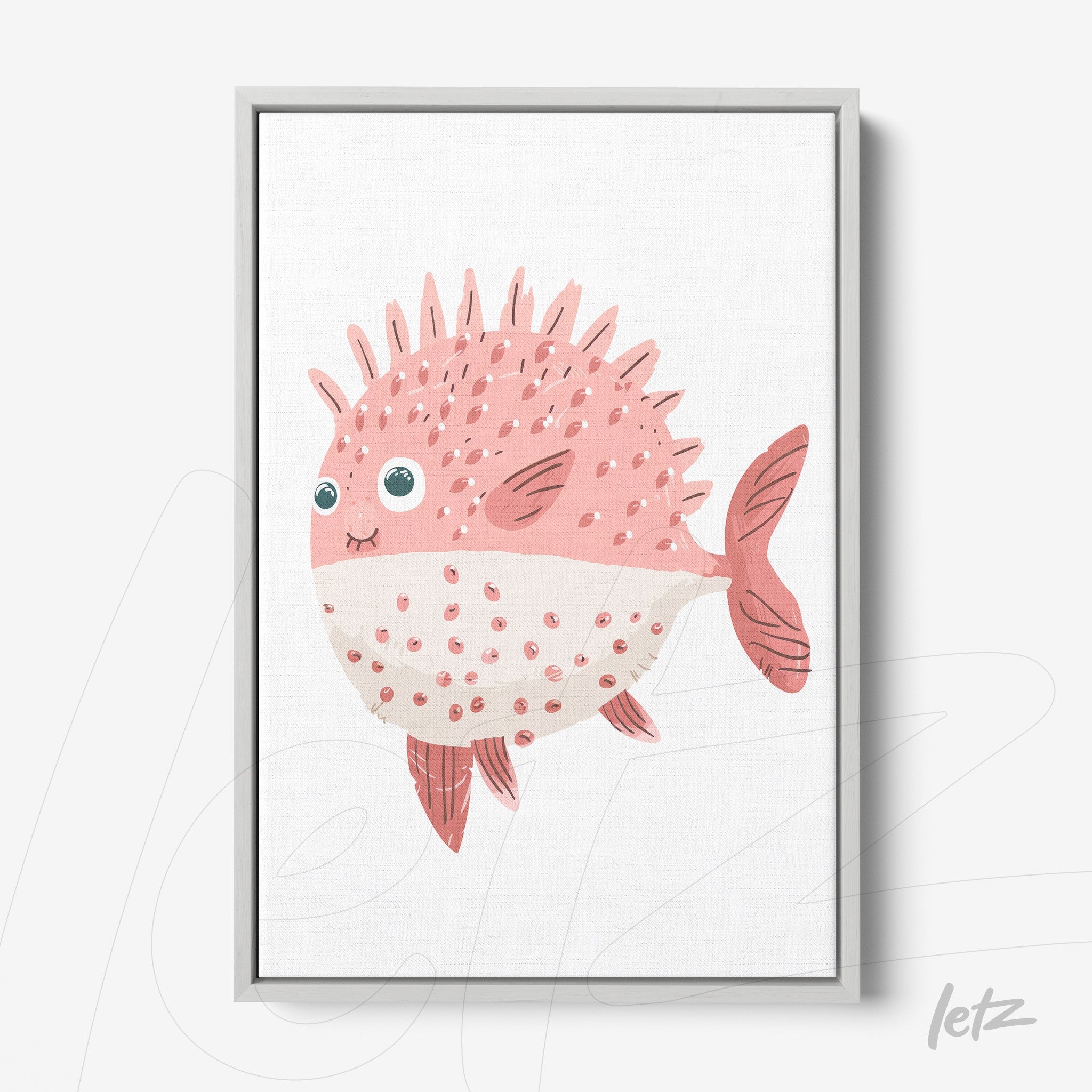 framed artwork of a cute pink pufferfish with spikes and light gray frame
