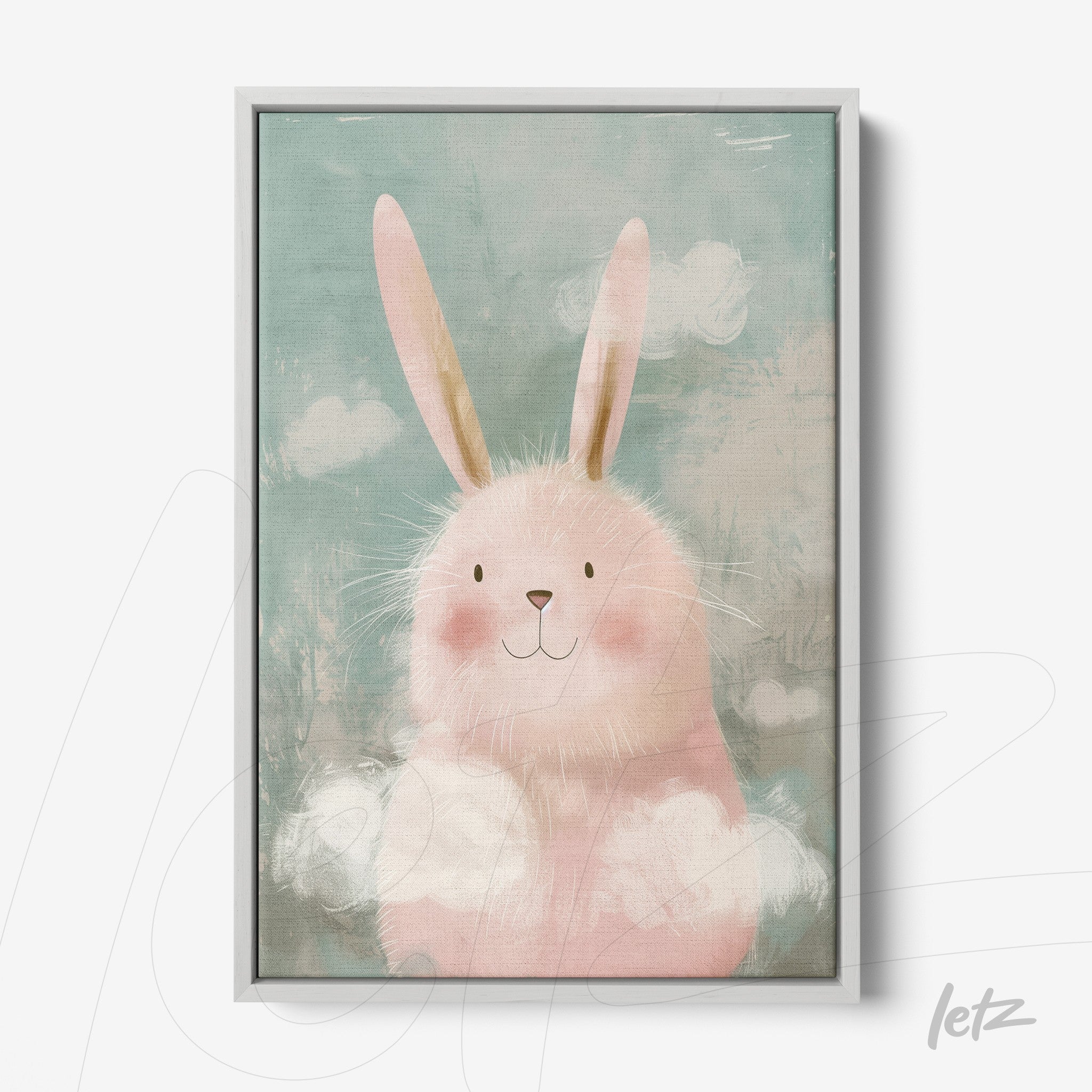 framed wall art featuring a smiling pink bunny on a soft blue background with white clouds