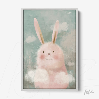 framed wall art featuring a smiling pink bunny on a soft blue background with white clouds