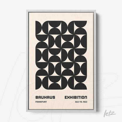 poster with geometric black design on beige background in light gray frame
