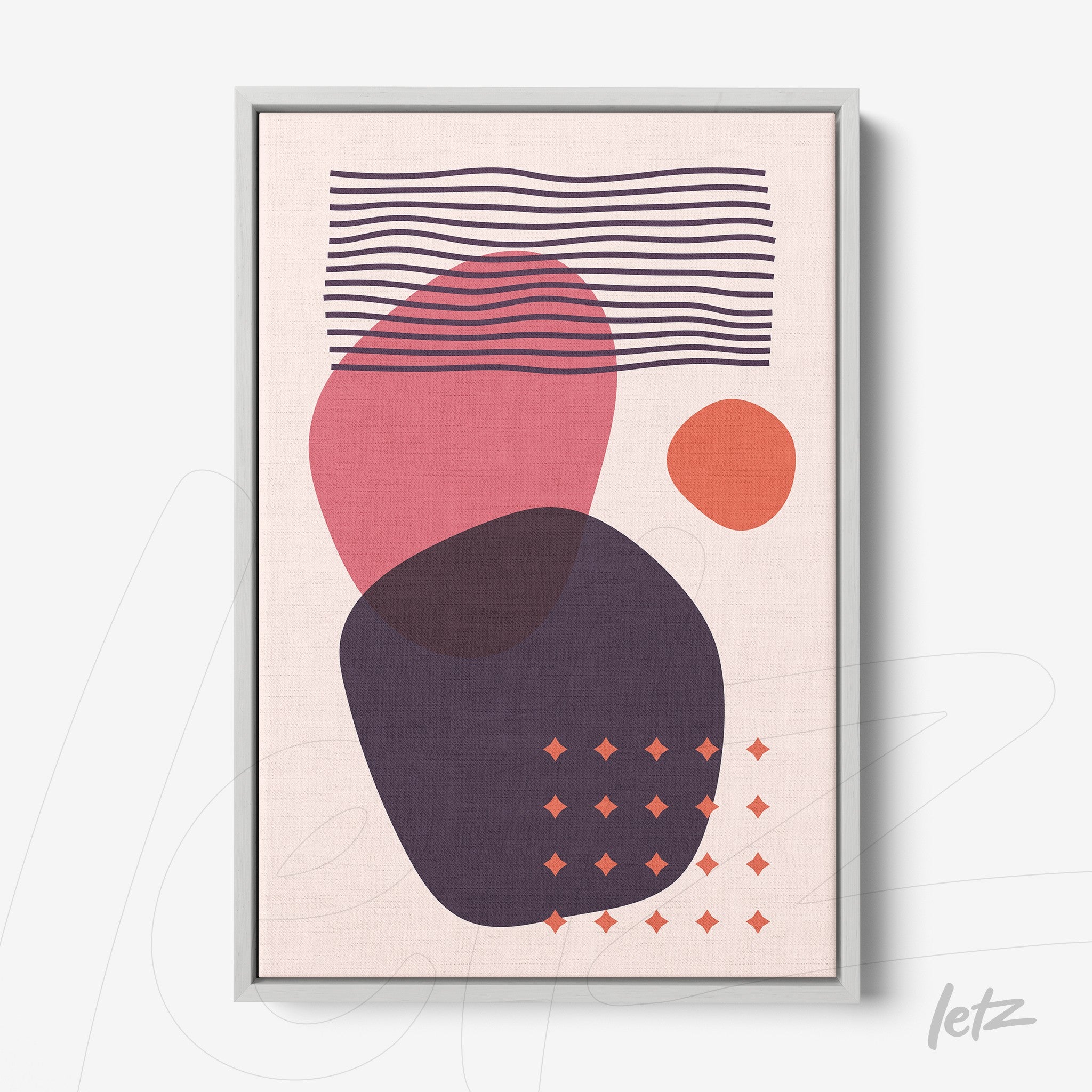 canvas print featuring abstract geometric shapes in colorful tones with a gray frame