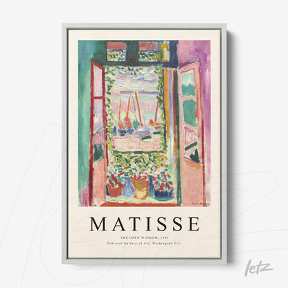 colorful wall art featuring henri matisse's open window with a view of a garden, framed in silver