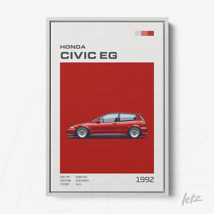 canvas print featuring a red 1992 Honda Civic EG illustration on a red background, including vehicle specifications