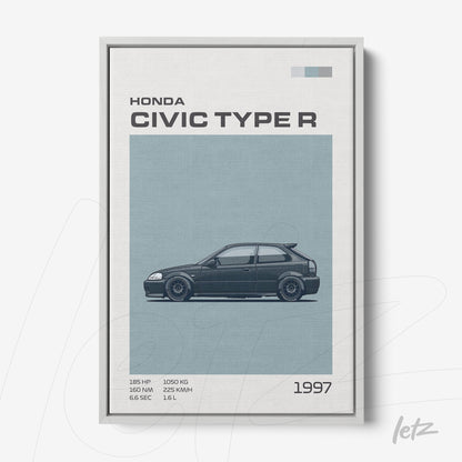 framed wall art featuring a minimalist illustration of the 1997 Honda Civic Type R on a neutral background