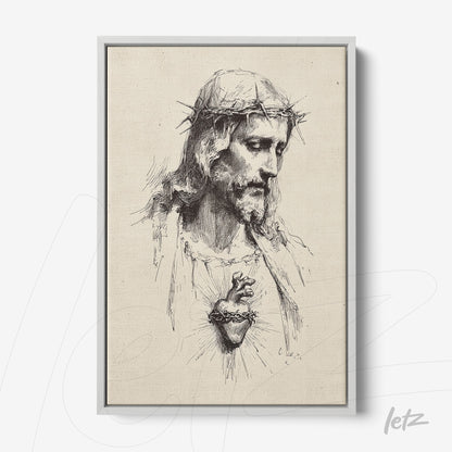 canvas art featuring a delicate illustration of Jesus Christ with a crown of thorns and an exposed heart in a silver frame