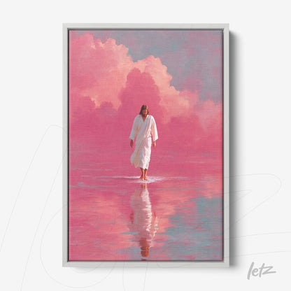 religious themed framed art of a figure walking on water with a pink background and soft clouds in a light gray frame