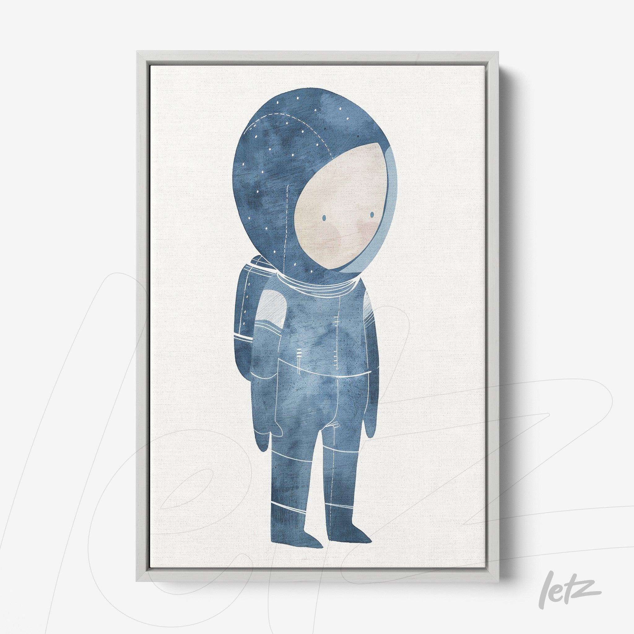 framed artwork featuring a blue-toned astronaut illustration with a light gray frame