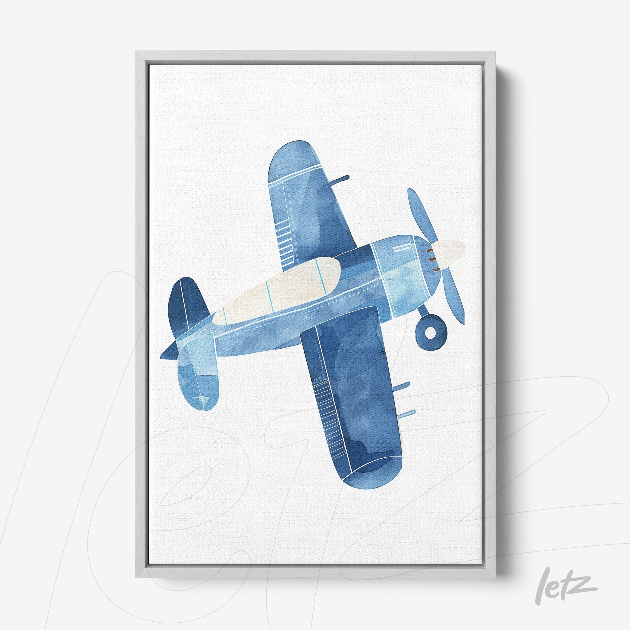 framed watercolor illustration of a blue airplane with silver frame