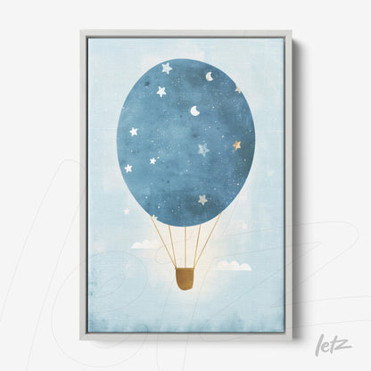framed art print of a blue hot air balloon with stars and moon on a light background with a light gray frame