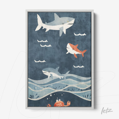 framed illustration of swimming sharks against a dark blue background with waves and a crab