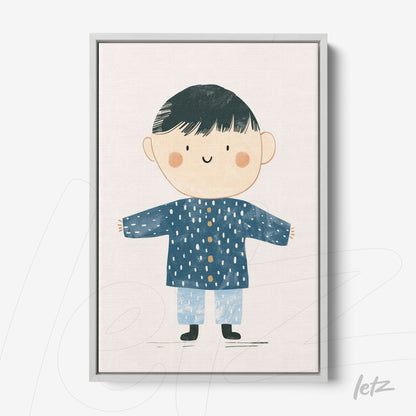 framed artwork featuring a happy child illustration wearing a blue coat and pajama pants against a light background