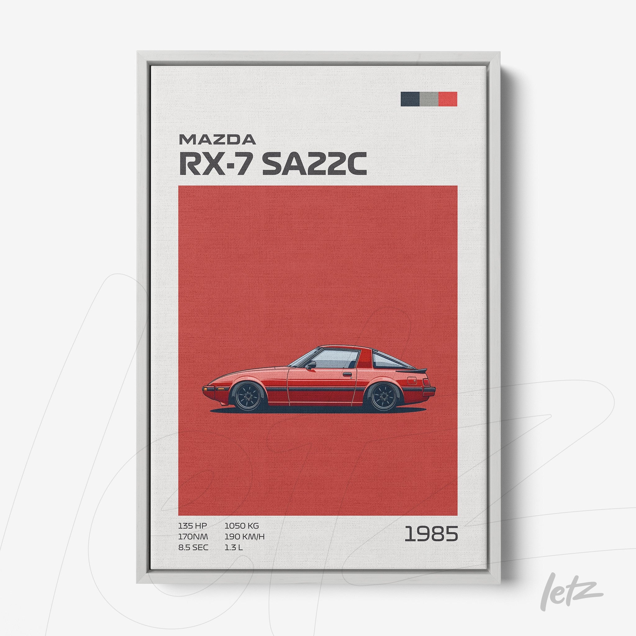 framed art featuring a stylized illustration of Mazda RX-7 SA22C on a red background with a silver frame