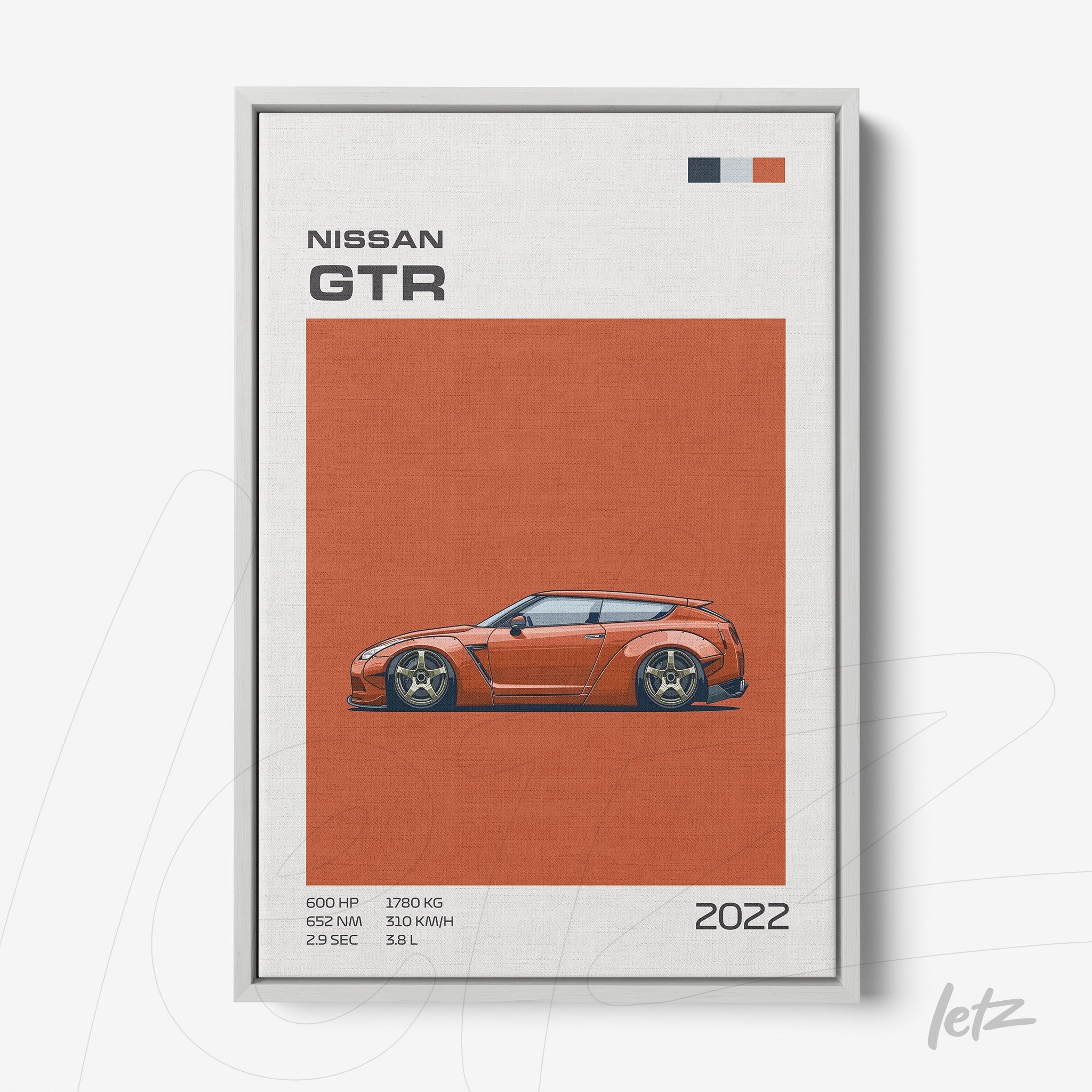 framed digital artwork of a nissan gtr car in red background with silver frame