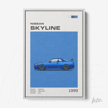 framed digital art of a 1999 Nissan Skyline with a vibrant blue background and light gray frame