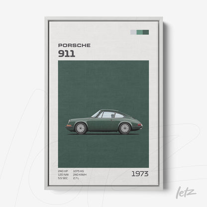 minimalist art print of a 1973 Porsche 911 in a silver frame