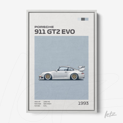 framed wall art featuring an illustration of the 1993 Porsche 911 GT2 Evo on a light blue background