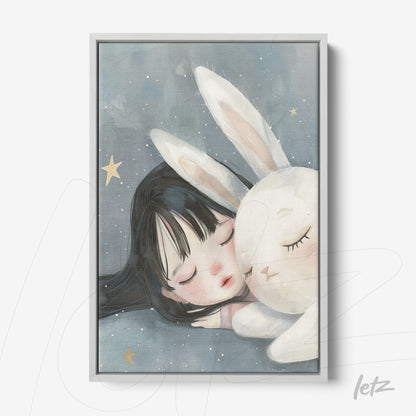 framed artwork featuring a cute illustration of a sleeping girl beside a white rabbit on a pastel blue background