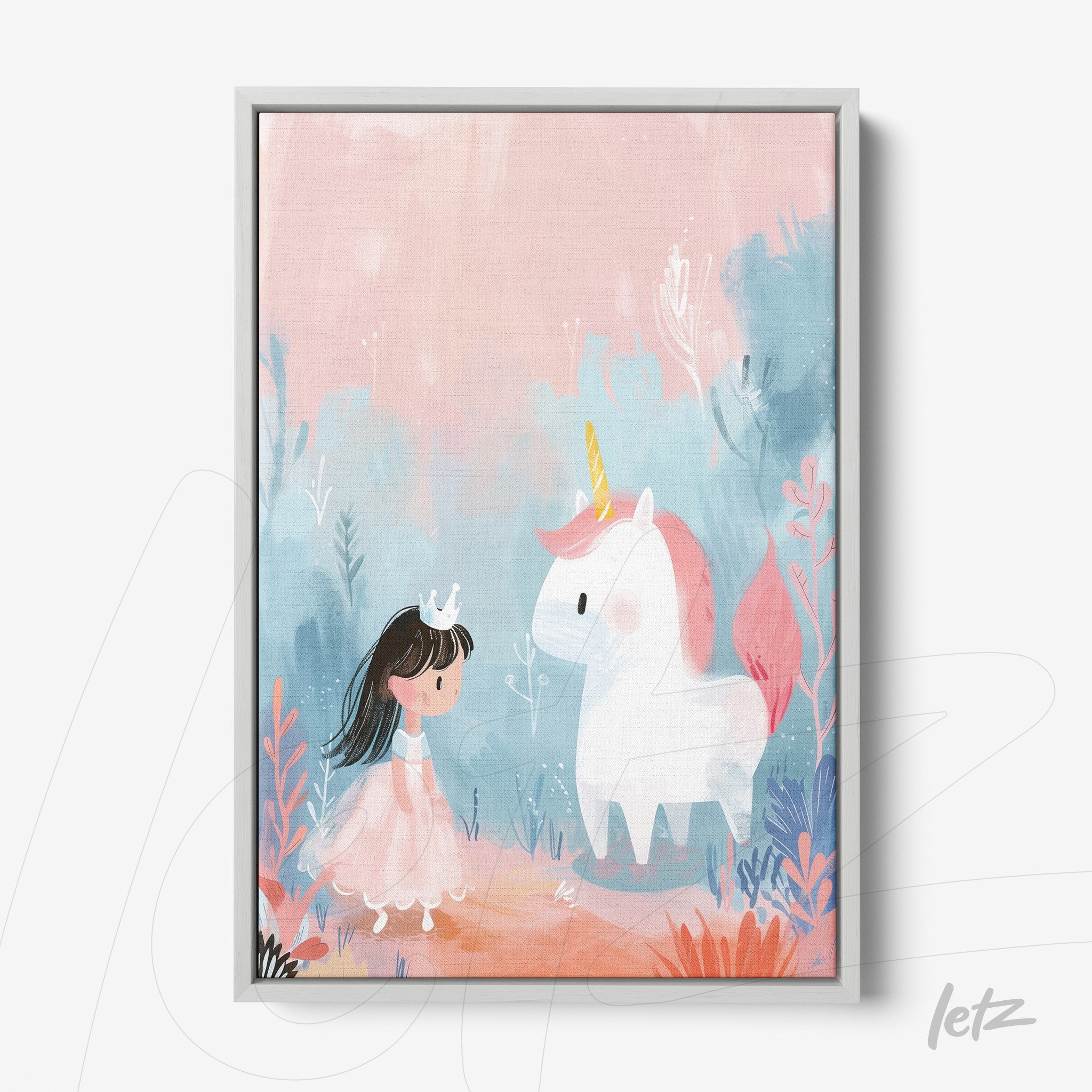 framed wall art featuring a child princess with a crown interacting with a unicorn against a soft pastel background