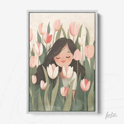 framed illustration of a woman smelling flowers in a field of pink and white tulips
