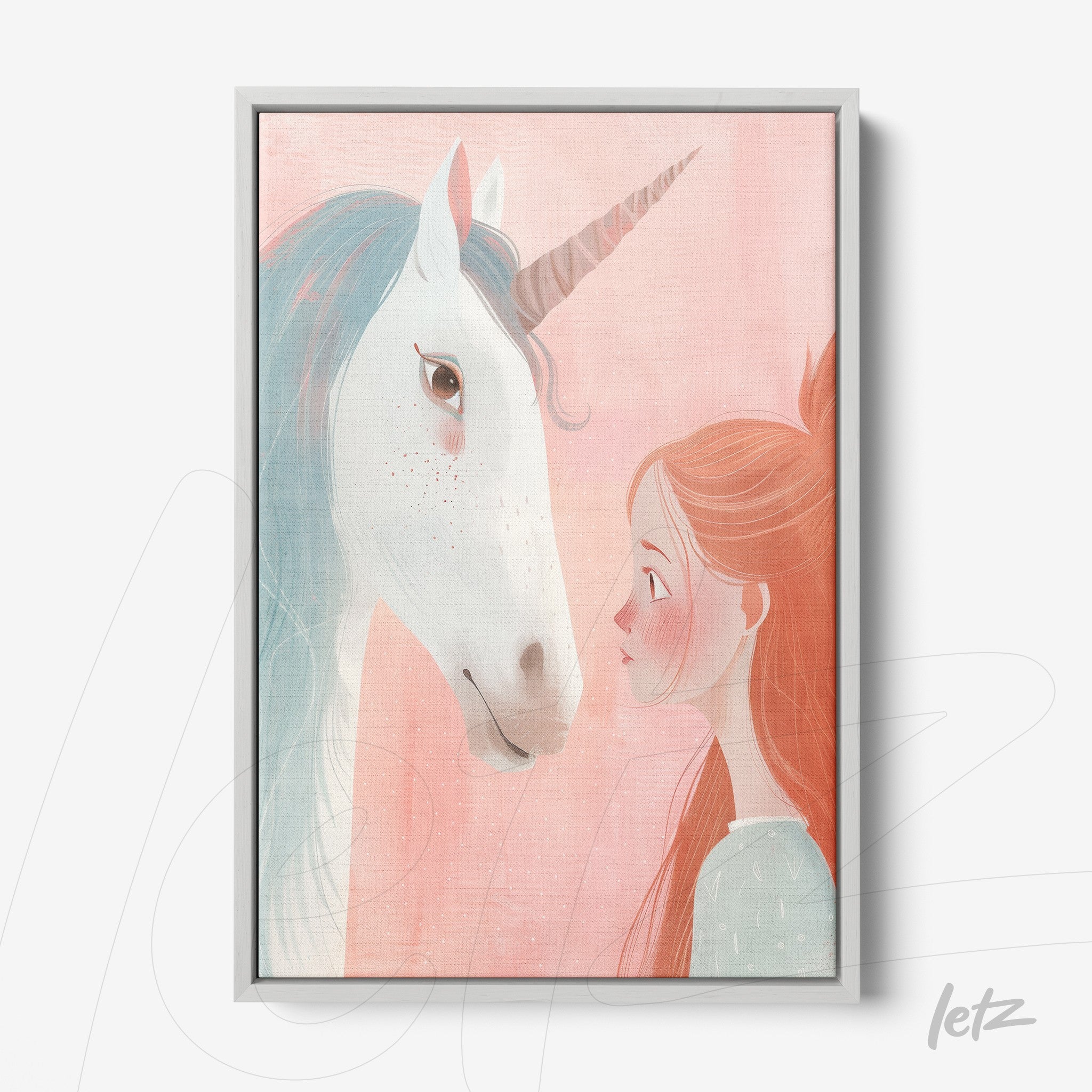 digital art featuring a girl and a unicorn with a soft pink background and silver frame