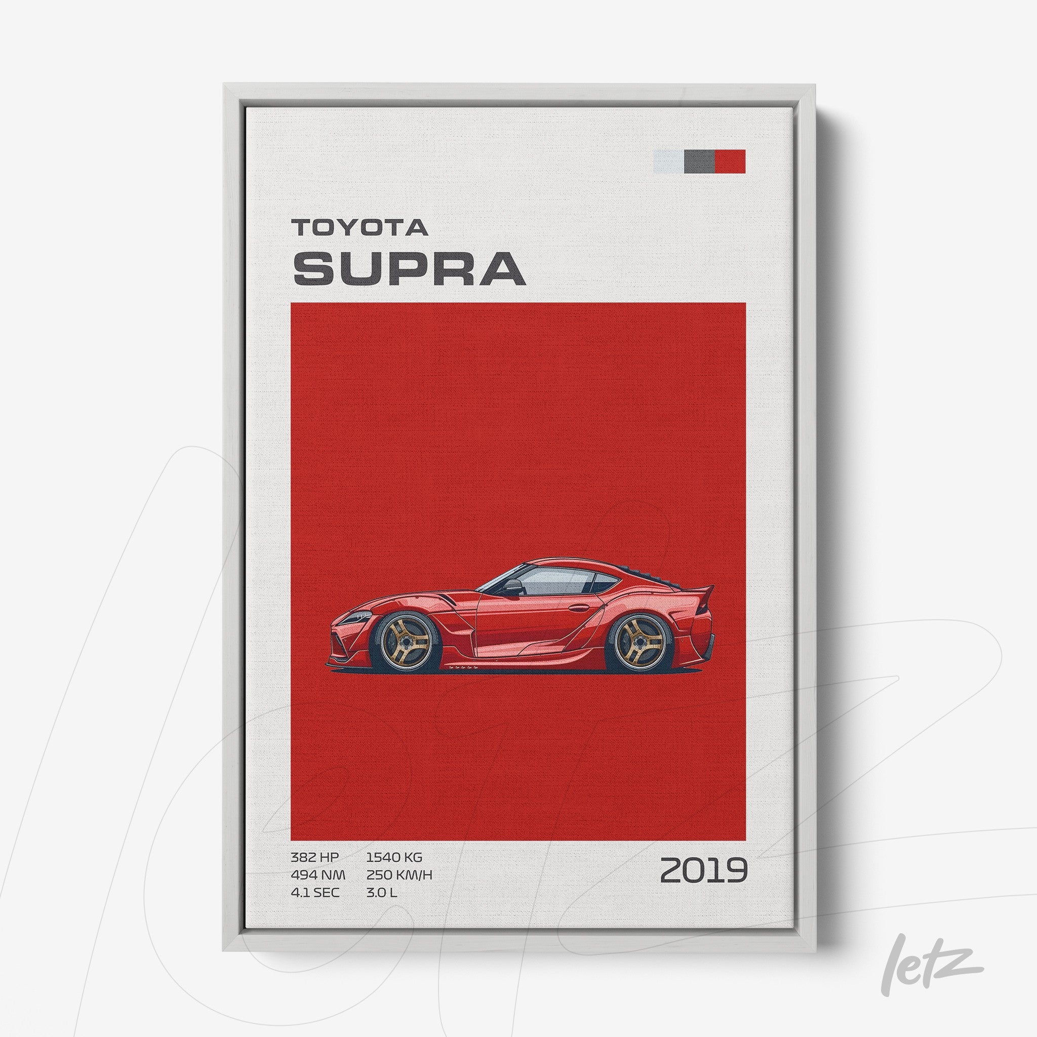 framed art of a Toyota Supra in red background with white frame