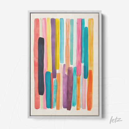 framed wall art featuring colorful abstract design with vertical lines in shades of pink, purple, blue, and yellow