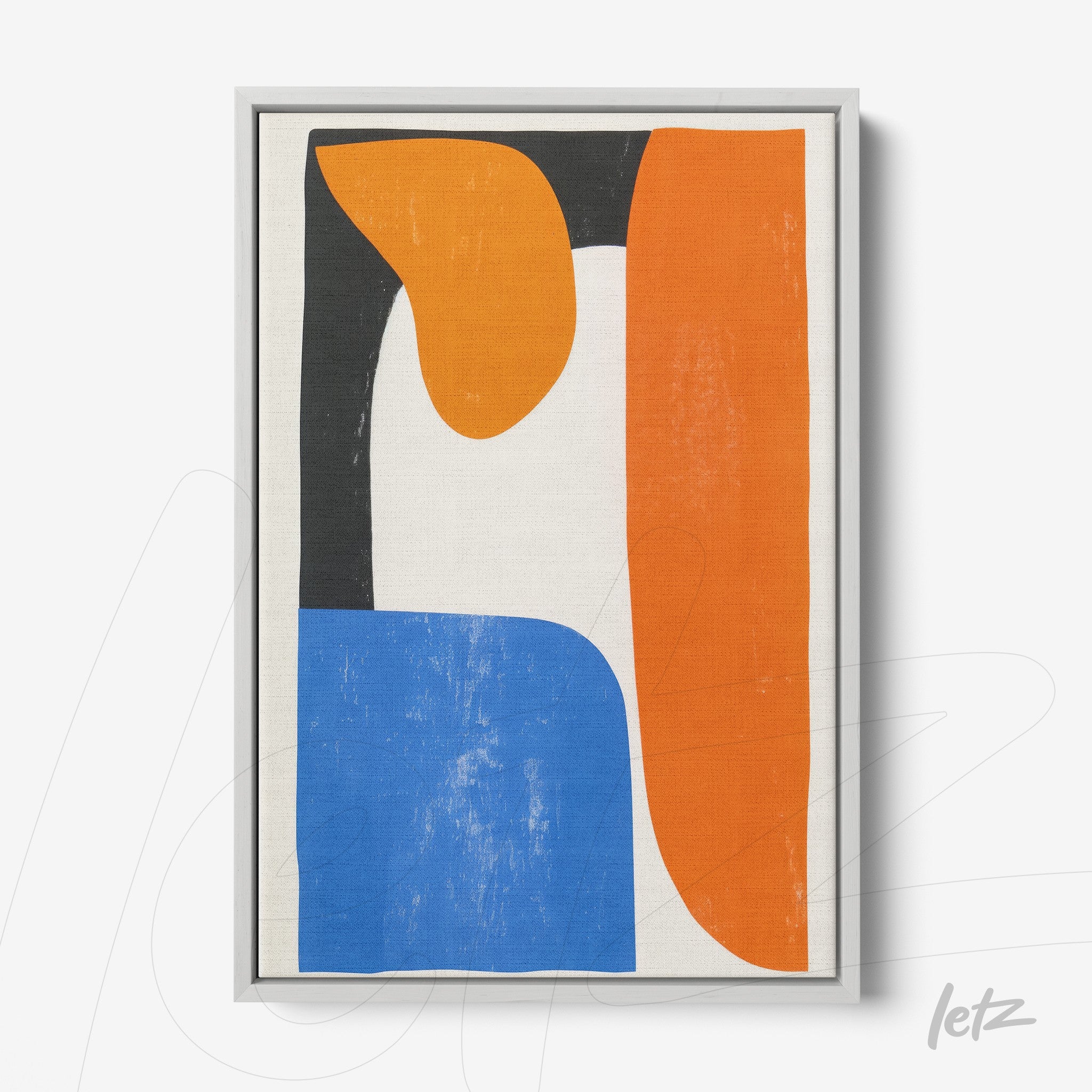 framed abstract art in vibrant orange, blue, and black colors