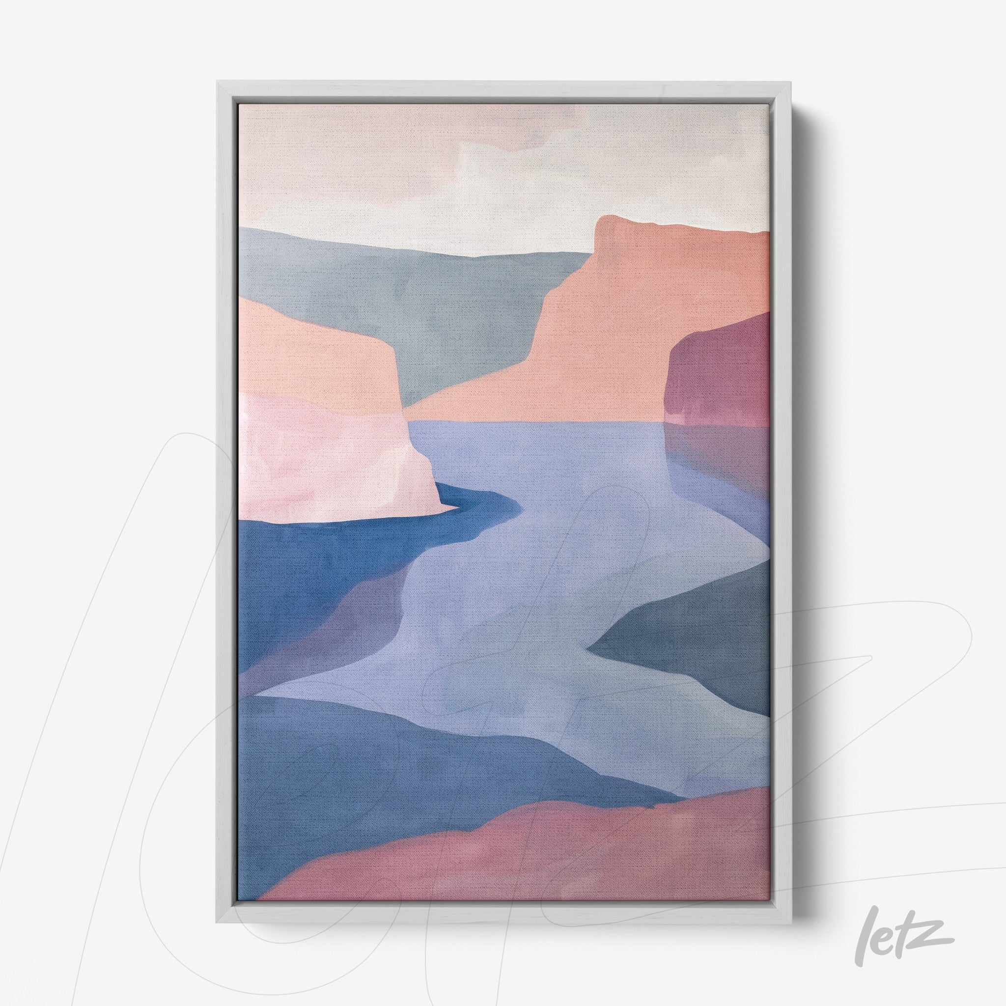 framed abstract art in shades of pink and blue depicting a mountainous landscape with a winding river