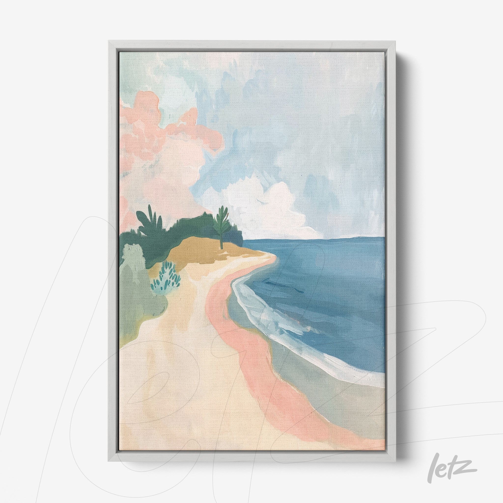 framed abstract art of a coastal landscape with soft pastel colors