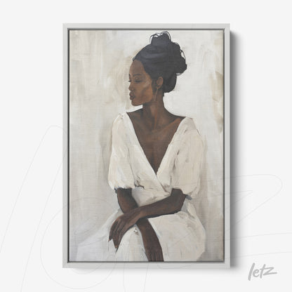 canvas artwork of a black woman in a white dress, framed in light gray with a soft background