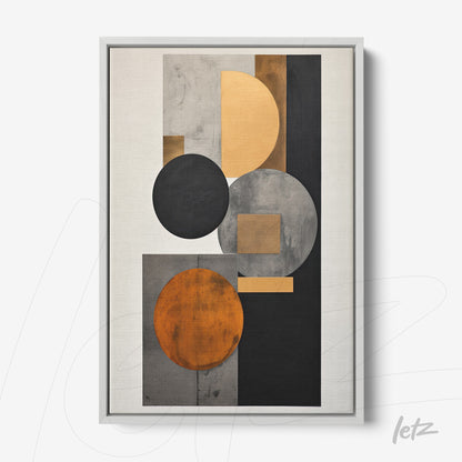 framed abstract art with gray, black, and orange geometric shapes, featuring a white frame