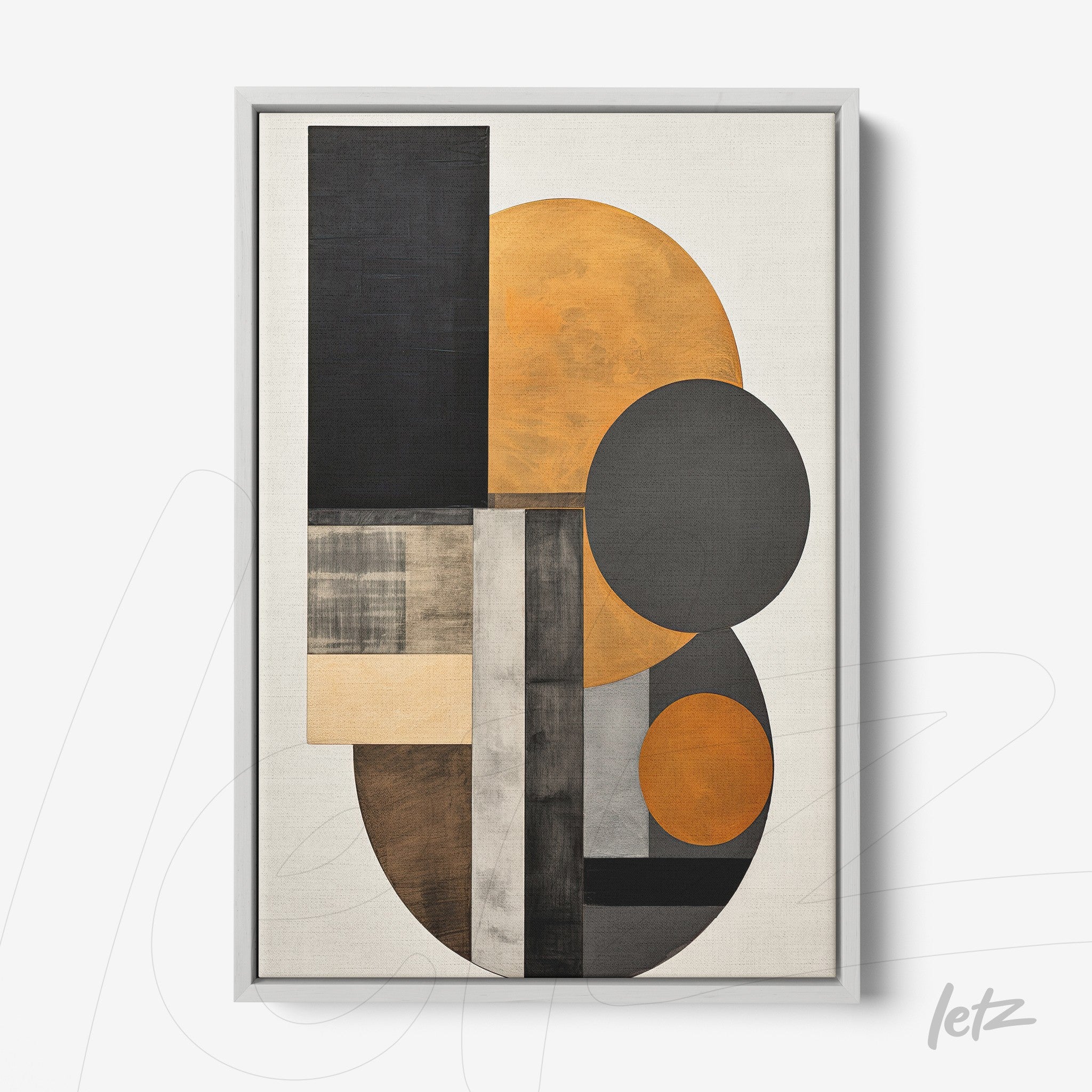 framed abstract art in earthy tones featuring geometric shapes with silver frame