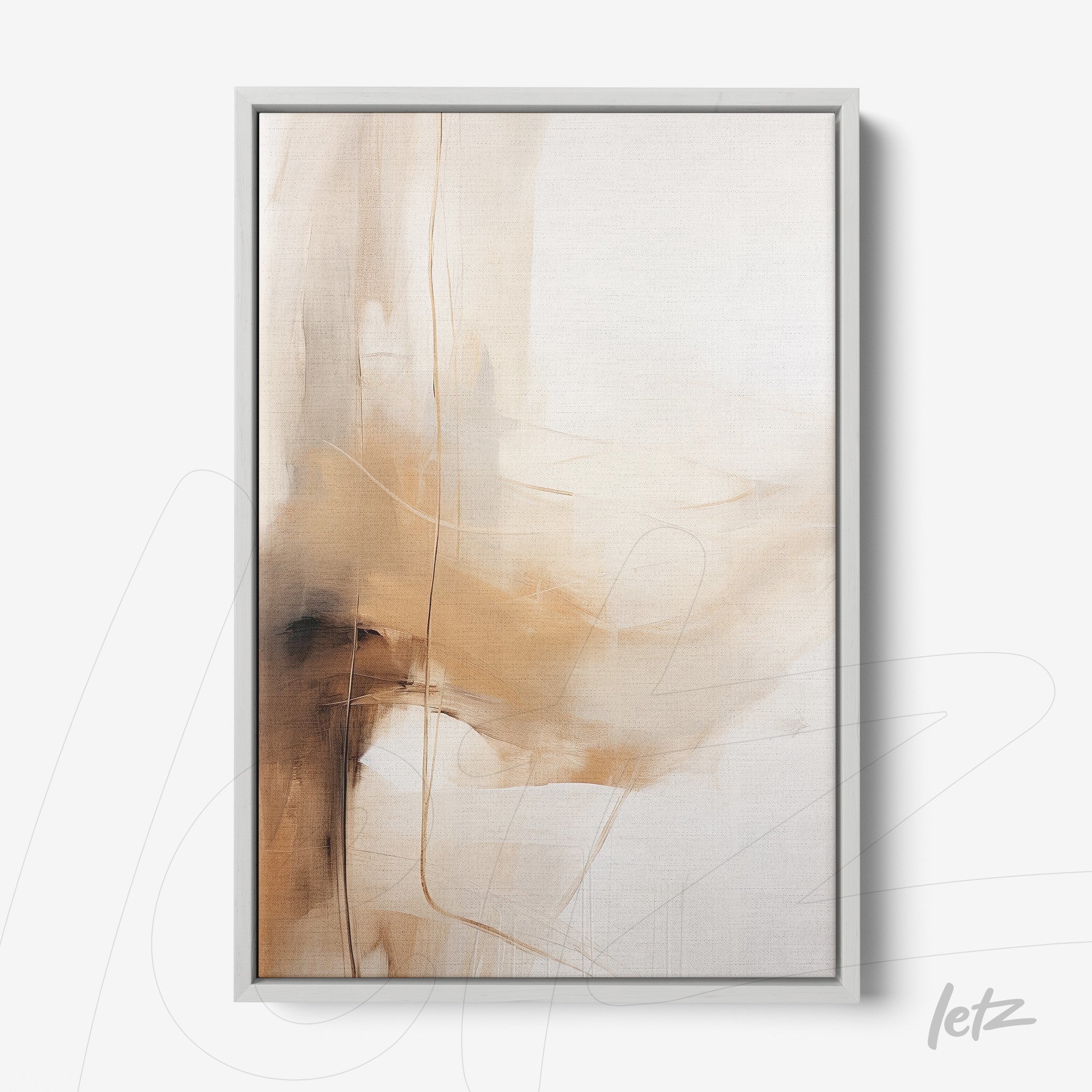 abstract wall art in shades of beige and brown with silver frame