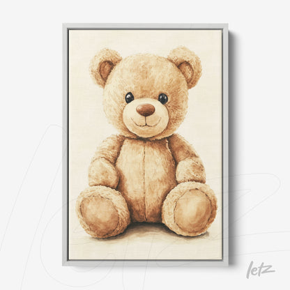 artistic illustration of a teddy bear in a gray frame against a beige background