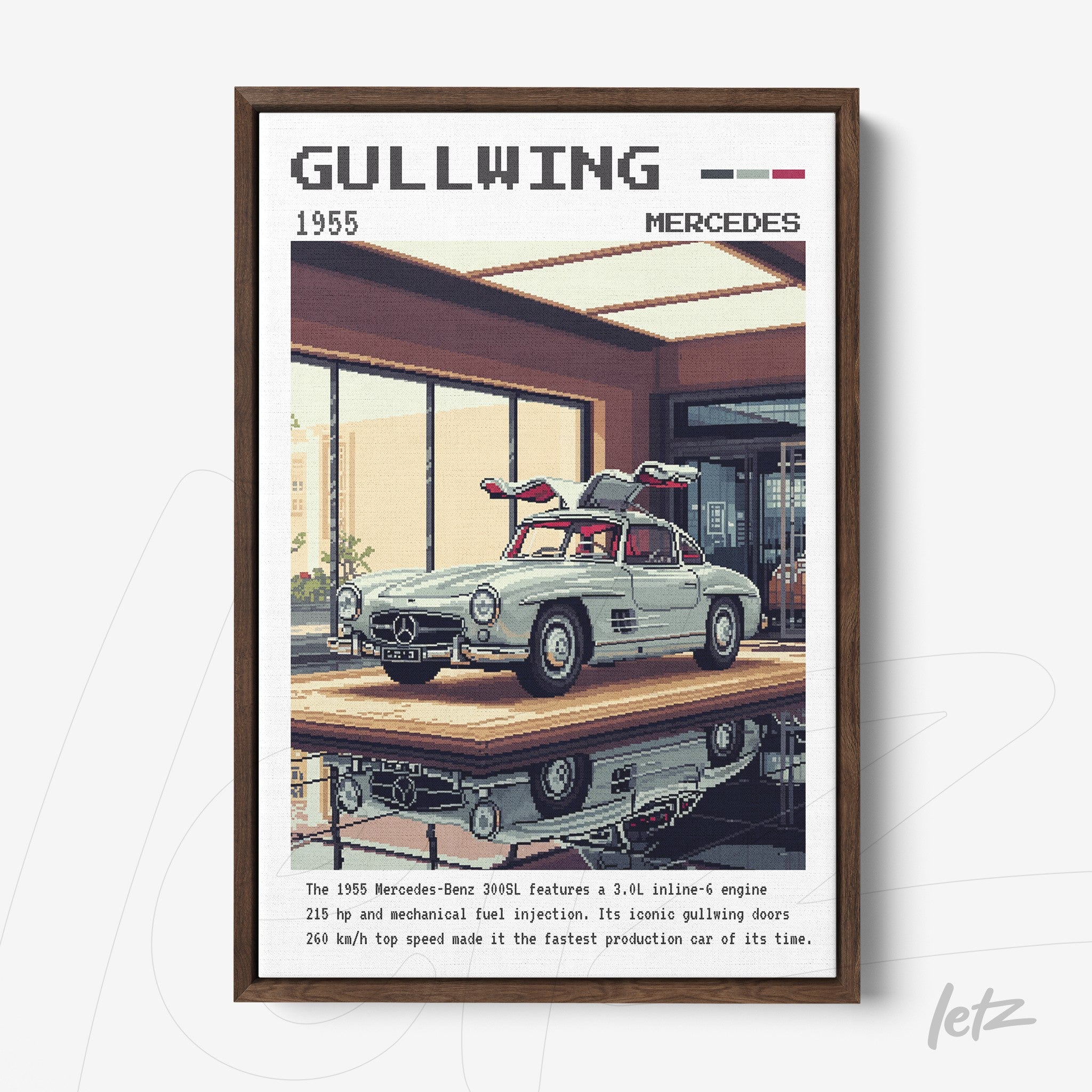 digital artwork of the 1955 Mercedes Gullwing car featured in a modern dealership setting with a brown frame